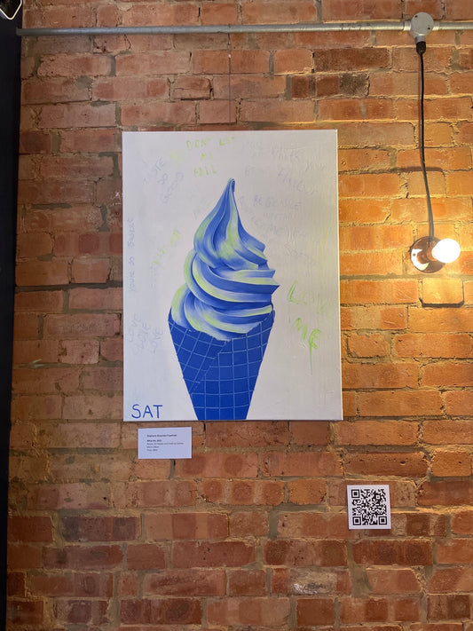 This is an original piece of art titled 'Whip Me'. A blue ice-cream with lime green highlights. This painting here is being displayed on an exposed brick wall