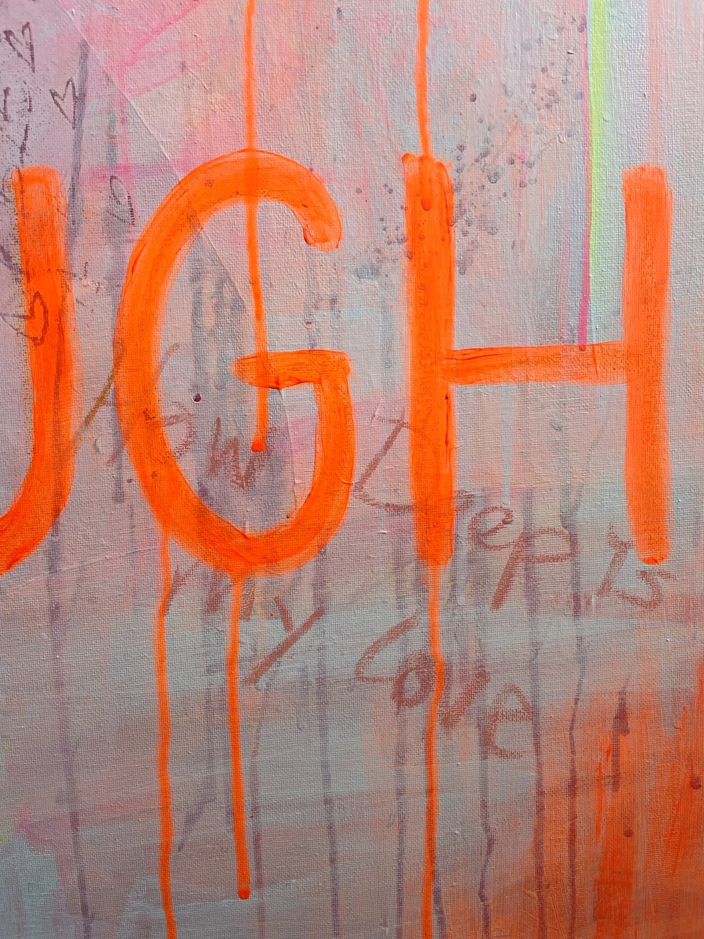 Close up of the painting 'You Are Enough'. This piece has an abundance of words and sentances that overlap, bringing meaning. With the words You Are Enough at the forefront in neon orange writing.